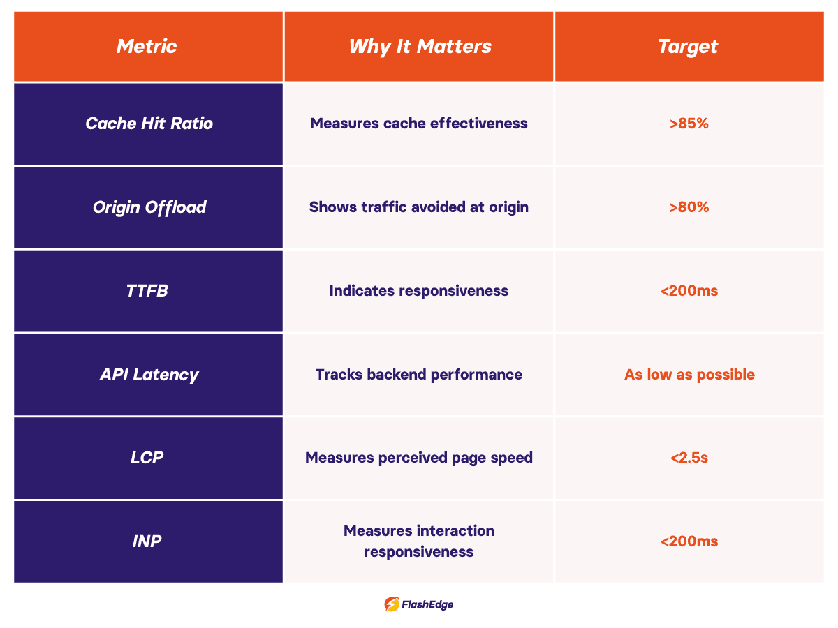 Table showing key CDN optimization metrics, including cache hit ratio, origin offload, TTFB, API latency, LCP, and INP, with recommended performance targets for measuring CDN effectiveness.